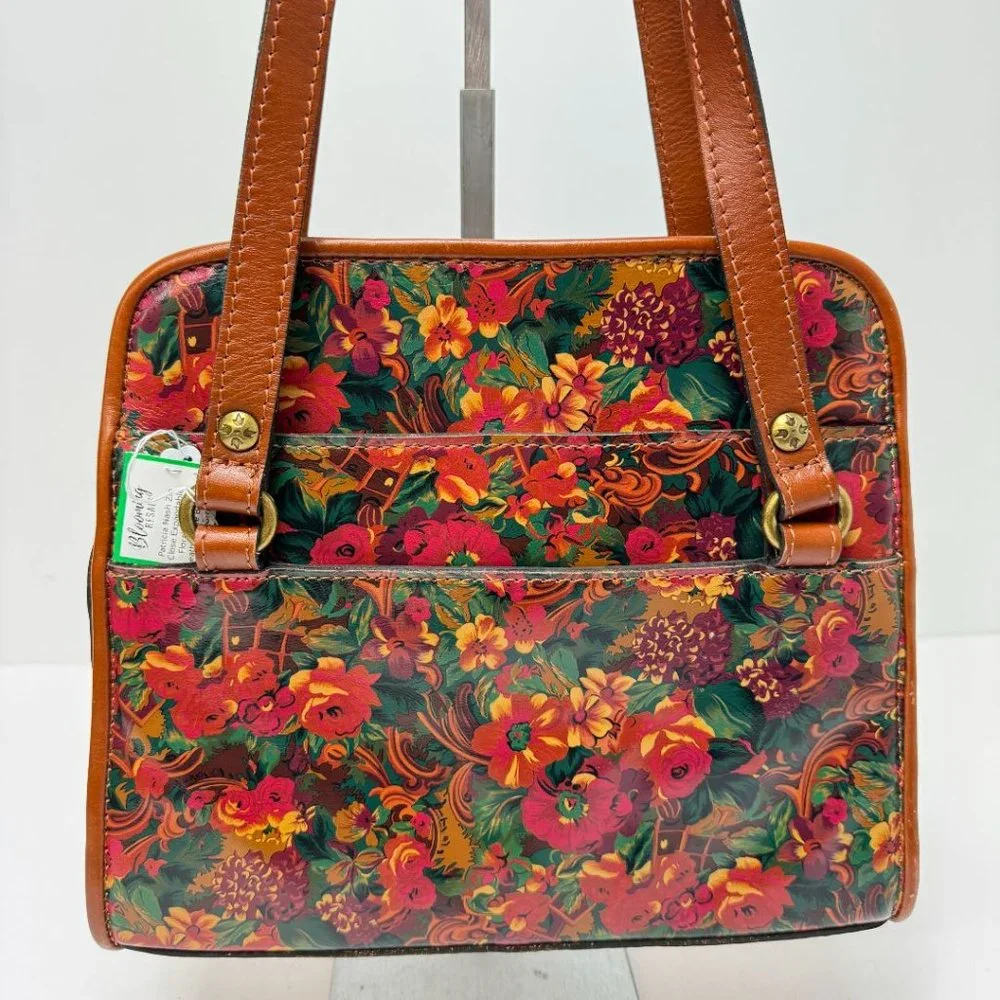 Patricia Nash Zip Close Expandable Floral Smooth Leather Tote Brown Orange Green - Picture 8 of 9
